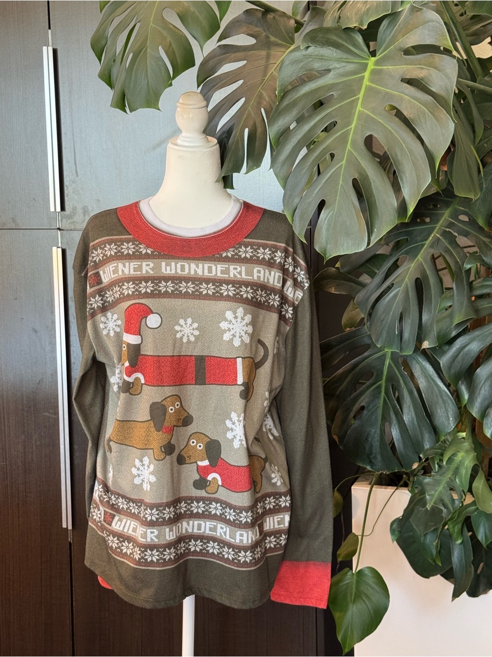 Wiener Wonderland Crewneck Sweater - Olive with Red Accents